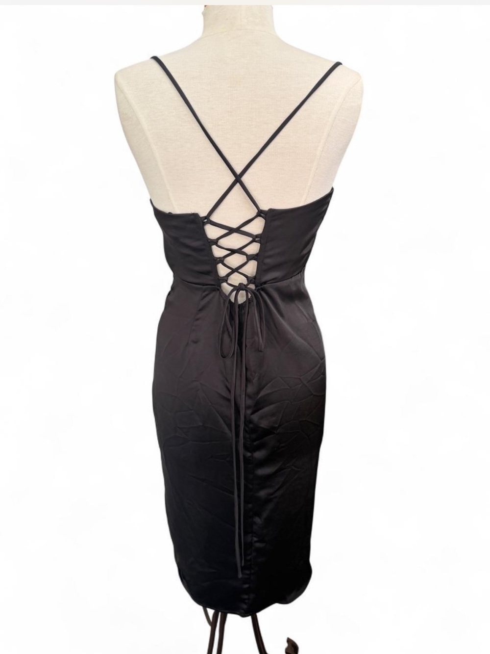 The Vintage Shop Black Satin Cowl Neck Corset Lace Up Dress L